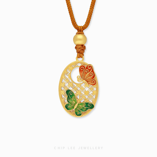 999 Pure Gold Ethereal Butterfly Gu Fa Jin Necklace featuring twin butterflies symbolizing transformation and freedom