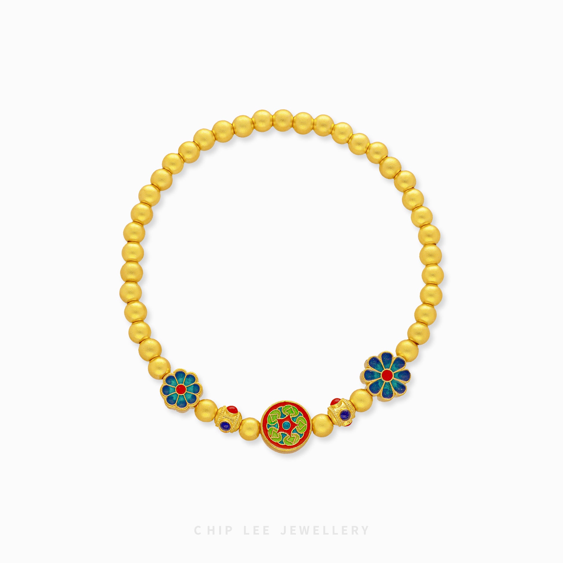 999 Pure Gold Flora Beaded Gu Fa Jin Bracelet with symbolic floral motifs, representing growth, renewal, and prosperity.