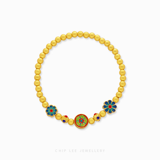 999 Pure Gold Flora Beaded Gu Fa Jin Bracelet with symbolic floral motifs, representing growth, renewal, and prosperity.