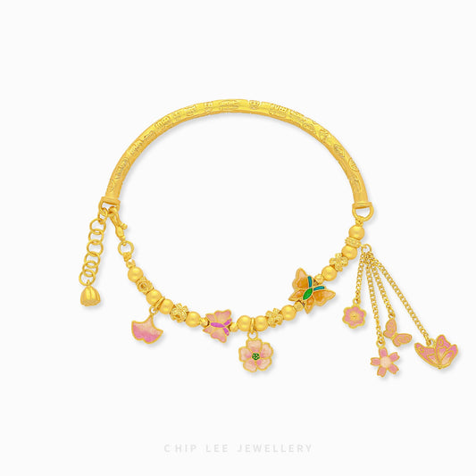 999 Pure Gold Flora and Butterfly Gu Fa Jin Bracelet, crafted using ancient goldsmithing techniques.