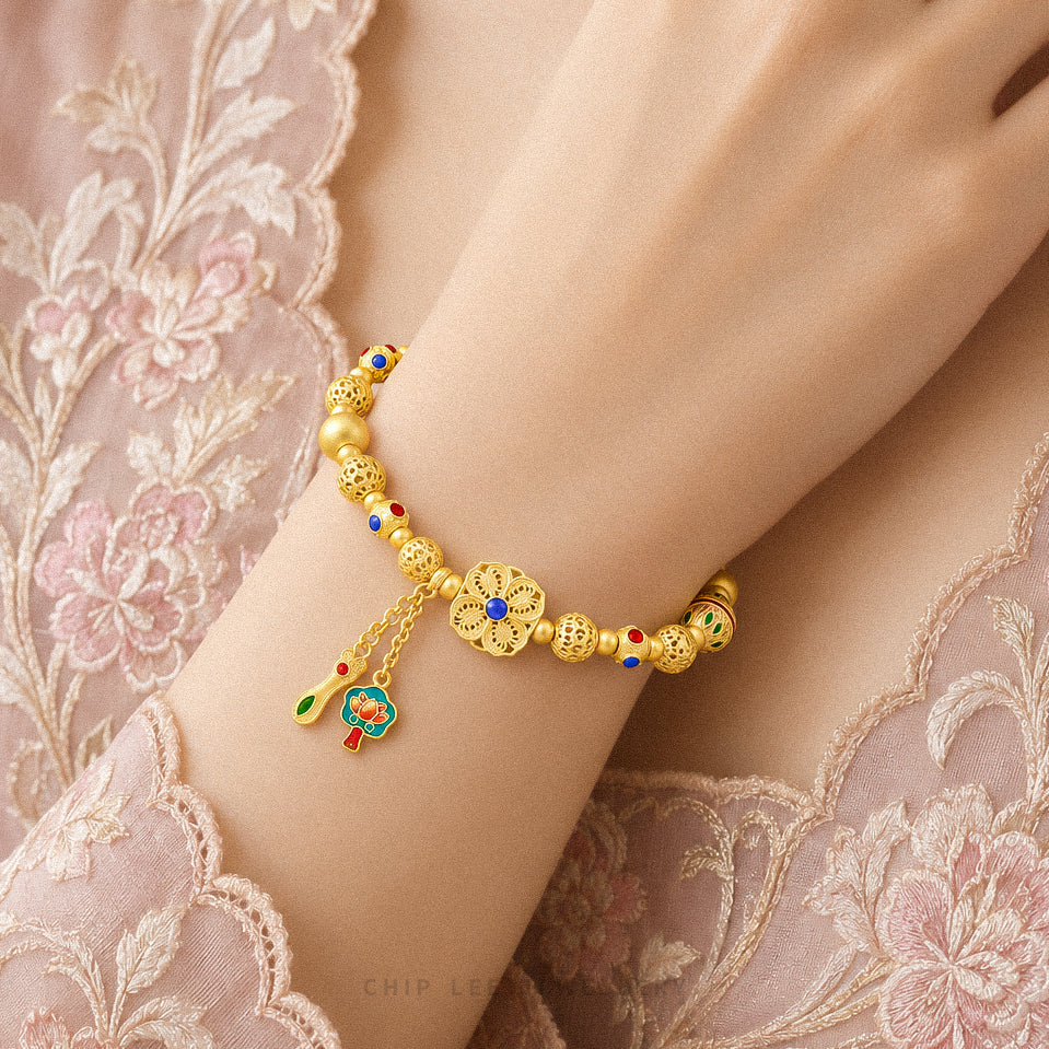 999 Pure Gold Floral Charm Bracelet