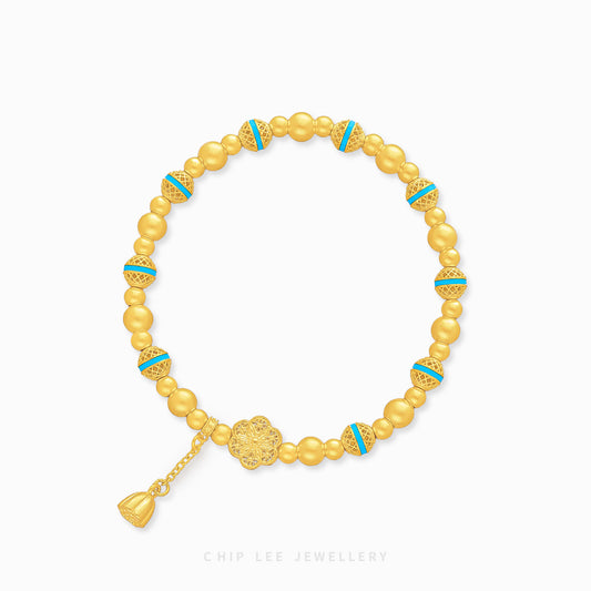 999 Pure Gold Floral Charm Gu Fa Jin Bracelet with turquoise blue accents, symbolising growth, protection, and renewal