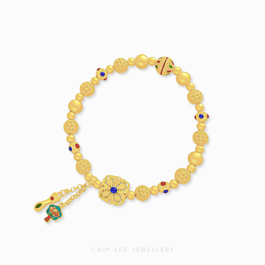 999 Pure Gold Floral Charm Gu Fa Jin Bracelet with intricate floral motifs and matte finish, blending tradition and style.