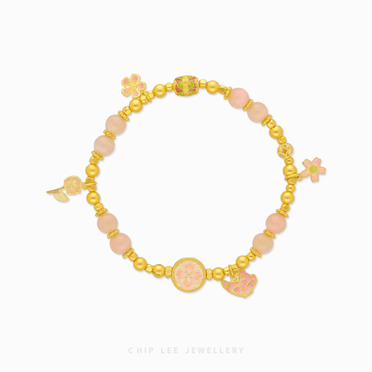 Chip Lee Jewellery Singapore 999 Pure Gold Floral Charm Gu Fa Jin Bracelet, 24K Ancient Gold, matte finish, traditional craftsmanship.