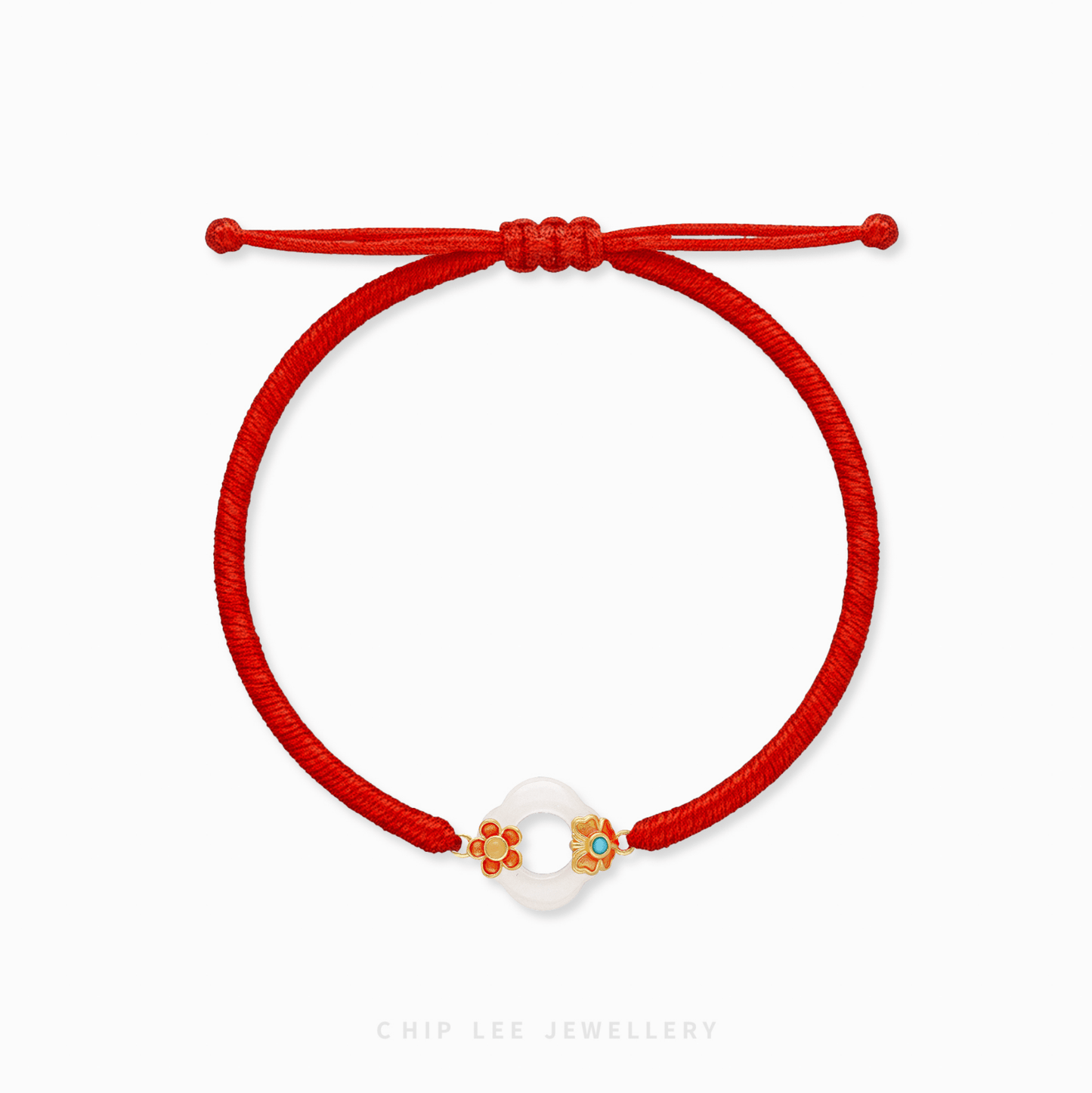 A close-up of a 999 Pure Gold Adjustable Baby Bracelet, showing the detailed gold floral piece and a smooth He Tian Yu (Jade) bead.

