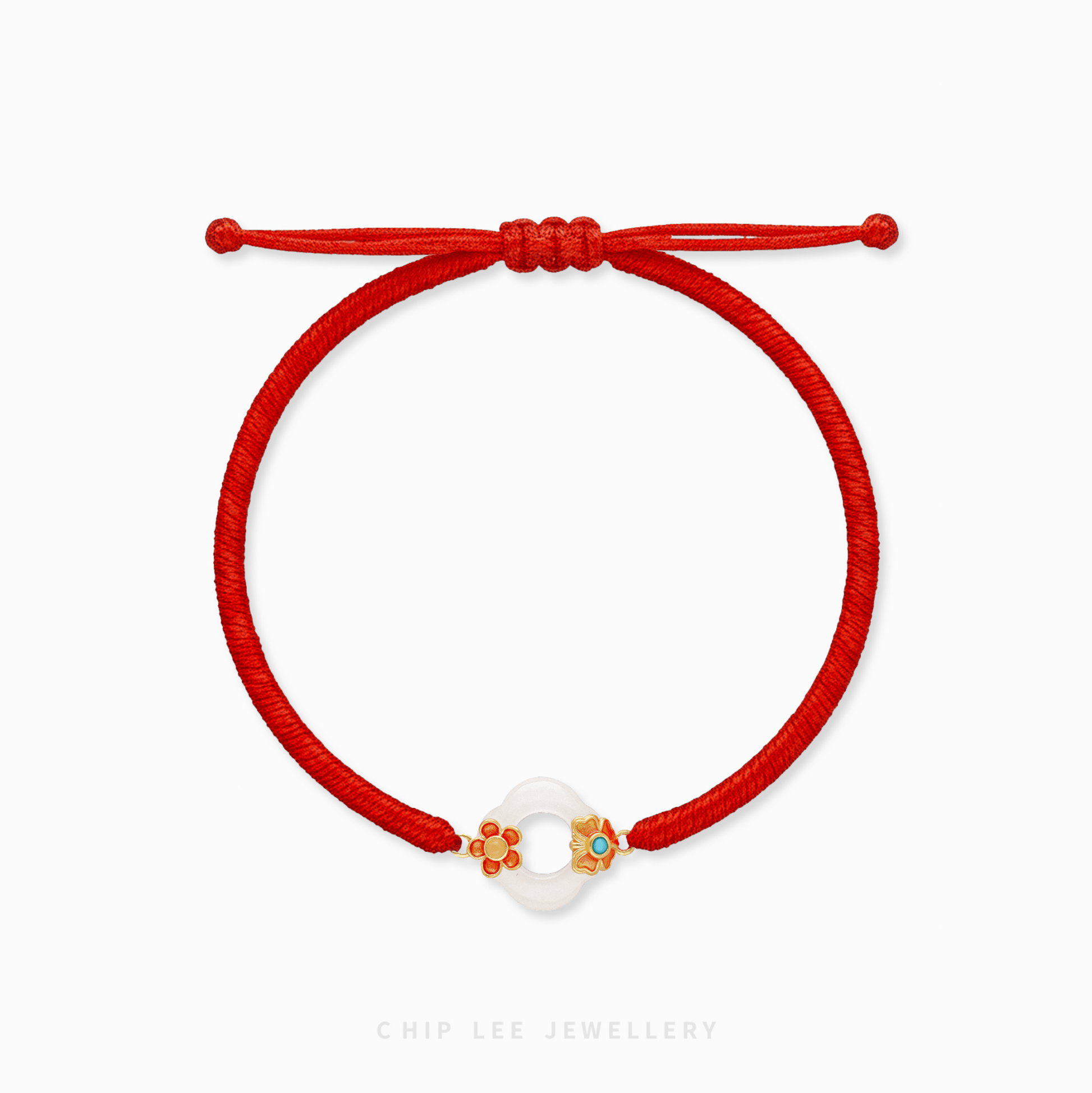 A close-up of a 999 Pure Gold Adjustable Baby Bracelet, showing the detailed gold floral piece and a smooth He Tian Yu (Jade) bead.

