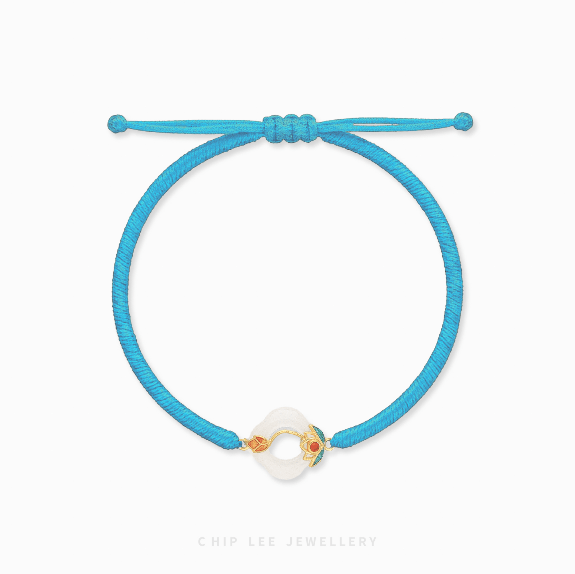 Blue bracelet with a colorful clasp on a white background