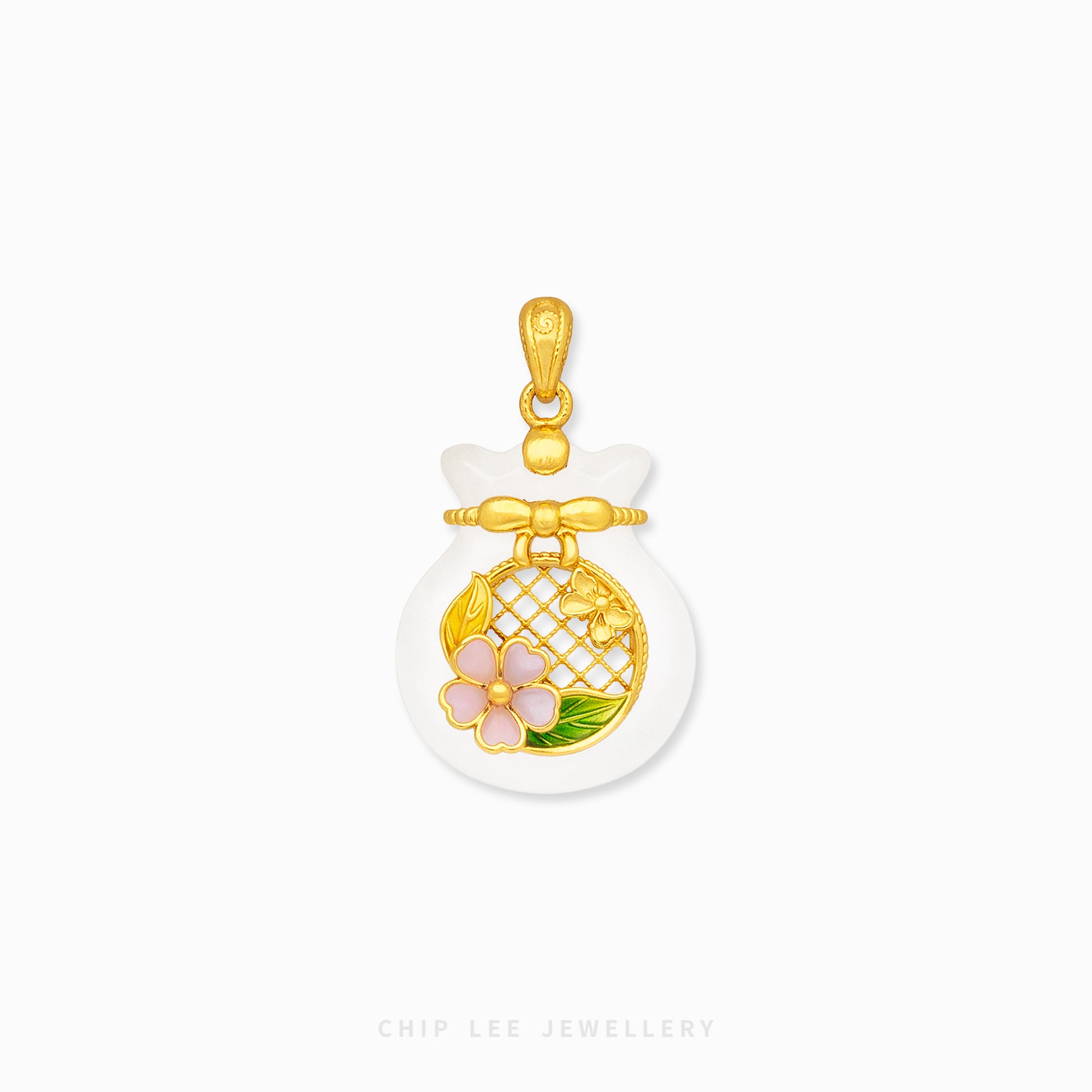 999 pure gold money bag Hetian jade pendant with 24K gold floral design symbolizing wealth and prosperity