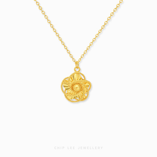 Rose gold necklace with a round pendant on a white background