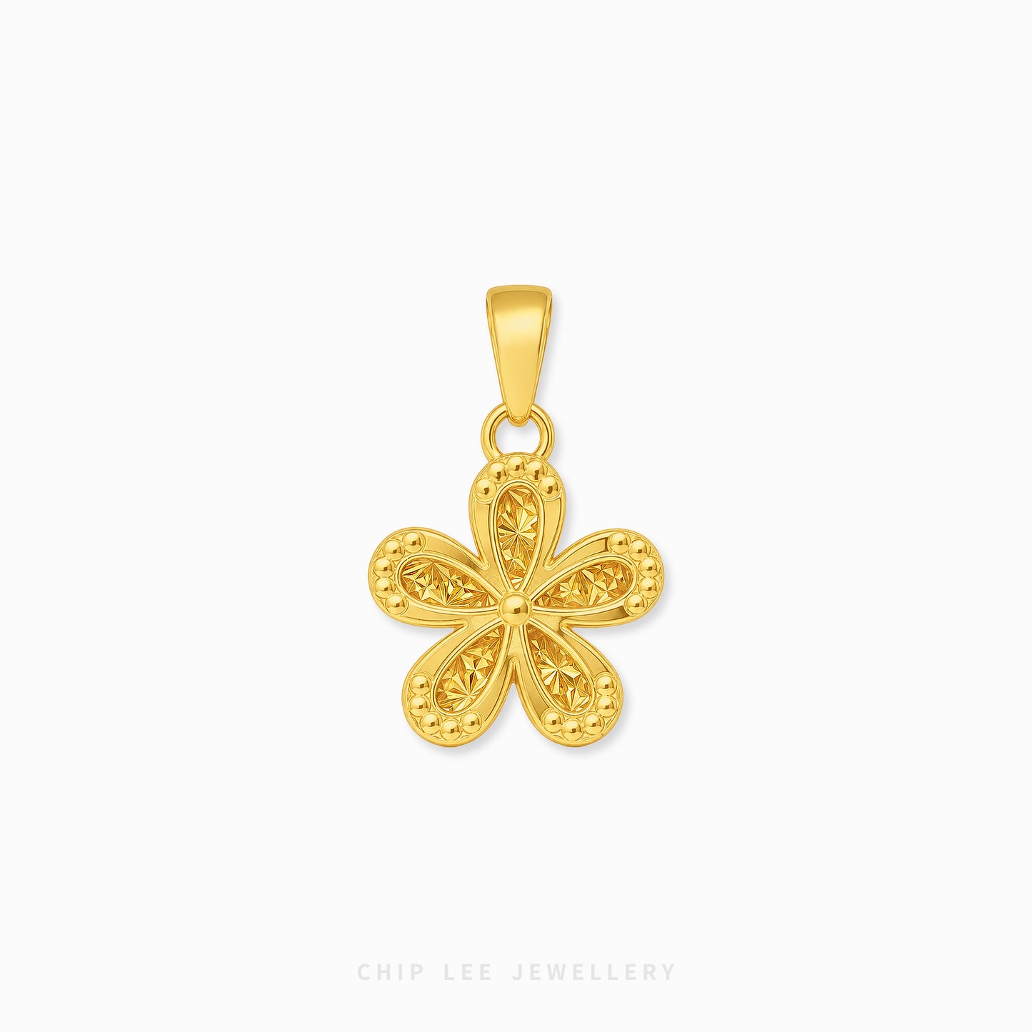 A yellow gold four-petal flower pendant with textured details, shown on a clean white background with 'CHIP LEE JEWELLERY' text at the bottom.