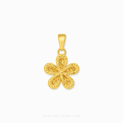 A yellow gold four-petal flower pendant with textured details, shown on a clean white background with 'CHIP LEE JEWELLERY' text at the bottom.