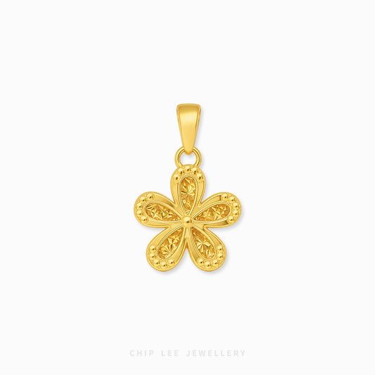 A yellow gold four-petal flower pendant with textured details, shown on a clean white background with 'CHIP LEE JEWELLERY' text at the bottom.