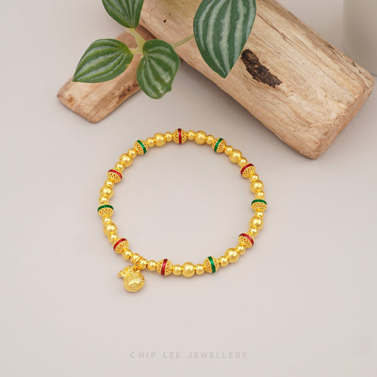 999 Pure Gold Fortune Bag Gu Fa Jin Bracelet with 福 charm, symbolising luck, growth, and prosperity.