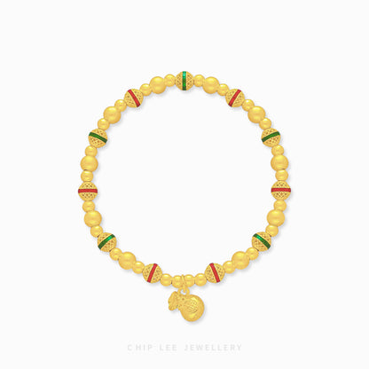 999 Pure Gold Fortune Bag Gu Fa Jin Bracelet with 福 charm, symbolising luck, growth, and prosperity.