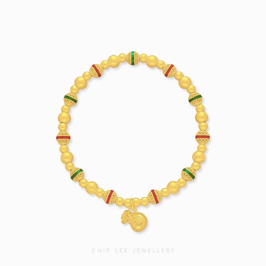 999 Pure Gold Fortune Bag Gu Fa Jin Bracelet with 福 charm, symbolising luck, growth, and prosperity.