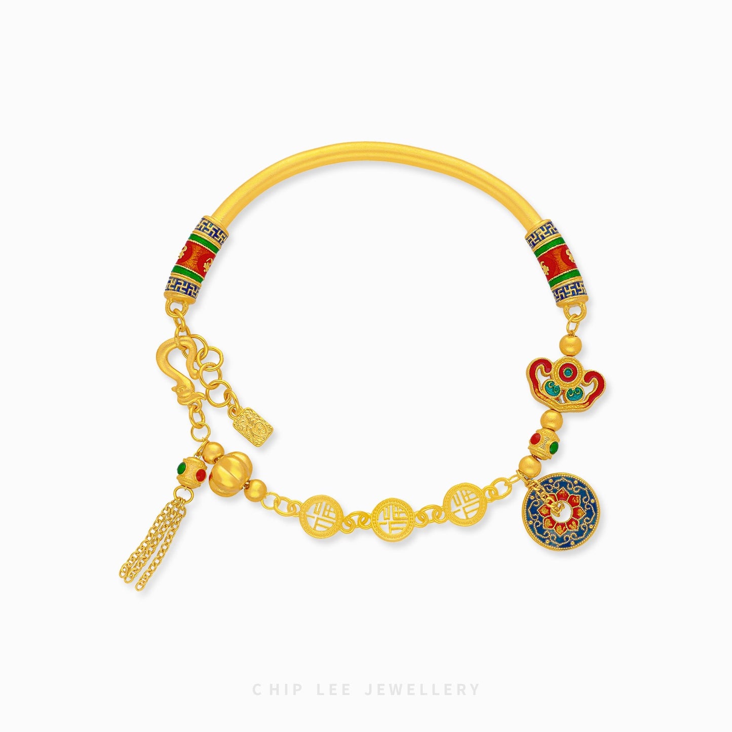 999 Pure Gold Fortune Gu Fa Jin Bracelet with symbolic wealth charms.
