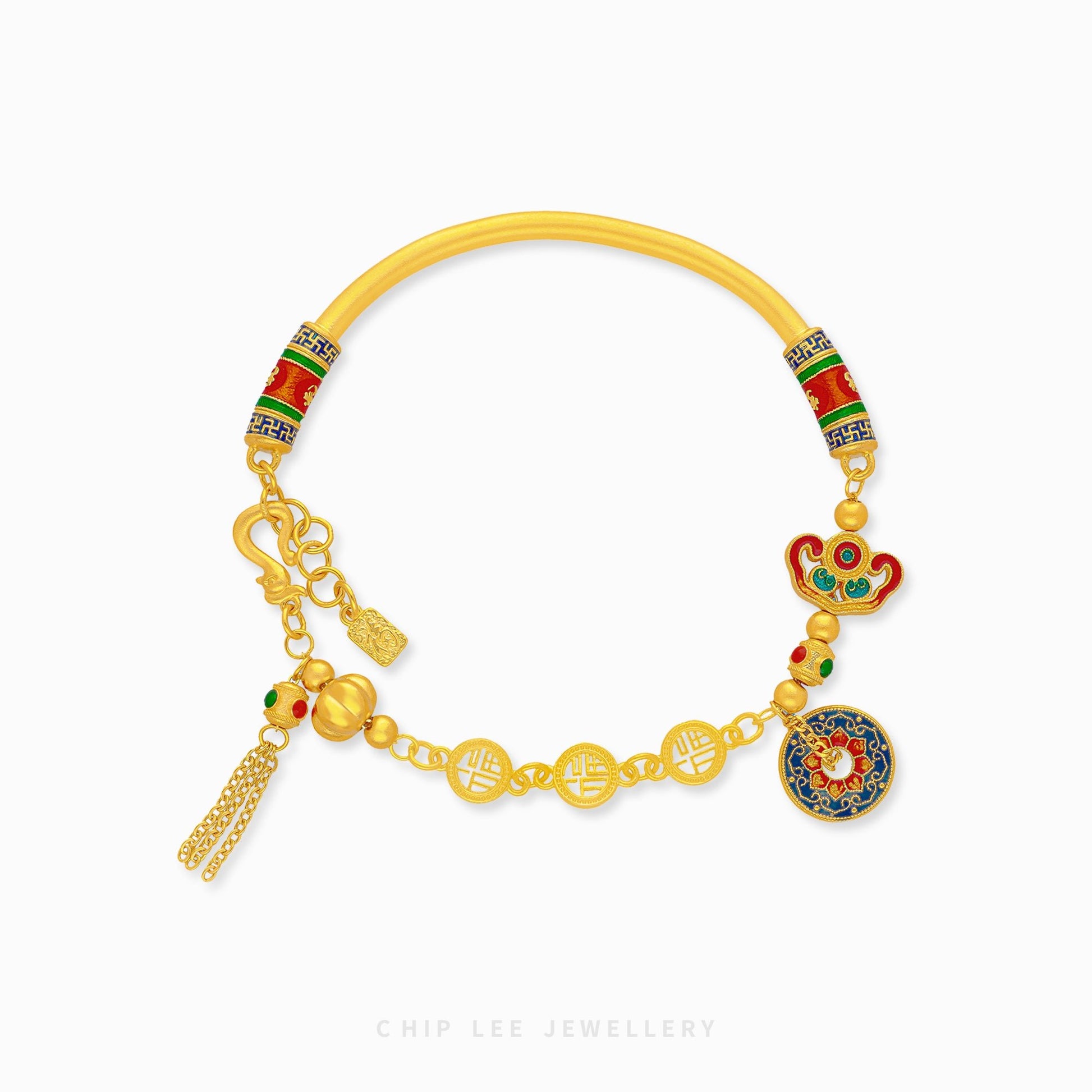 999 Pure Gold Fortune Gu Fa Jin Bracelet with symbolic wealth charms.