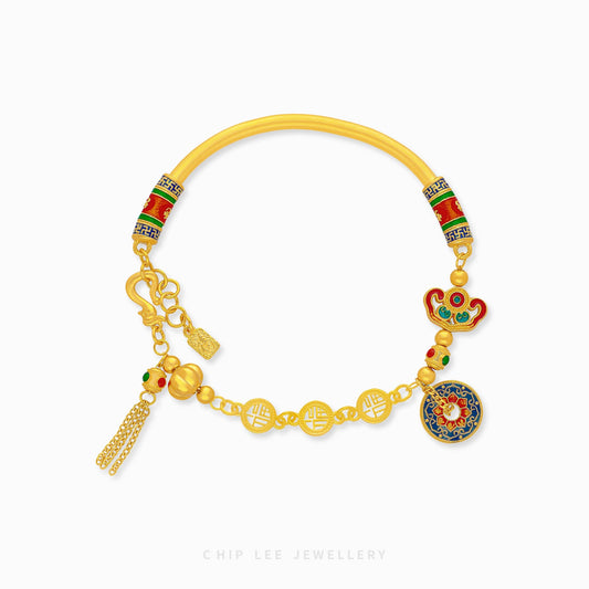 999 Pure Gold Fortune Gu Fa Jin Bracelet with symbolic wealth charms.