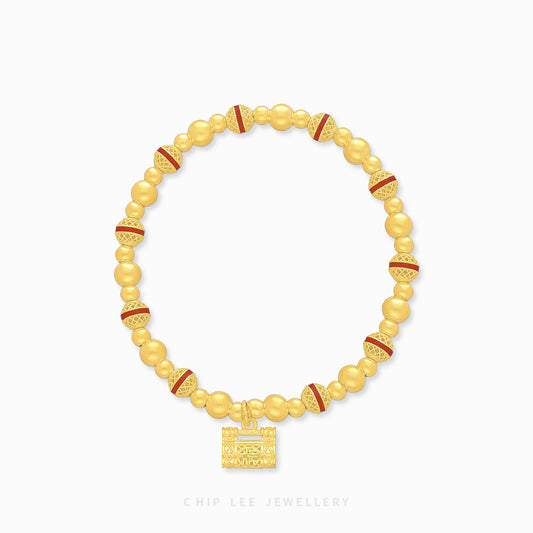999 Pure Gold Fortune Lock Gu Fa Jin Bracelet with red accents, lock charm symbolising protection, luck, and prosperity.