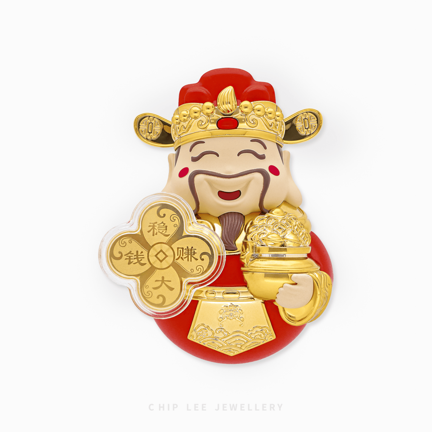 God of Fortune Figurine holding gold ingot and four-leaf spinning coin (稳赚大钱). 999 Pure Gold collectible for wealth and luck.