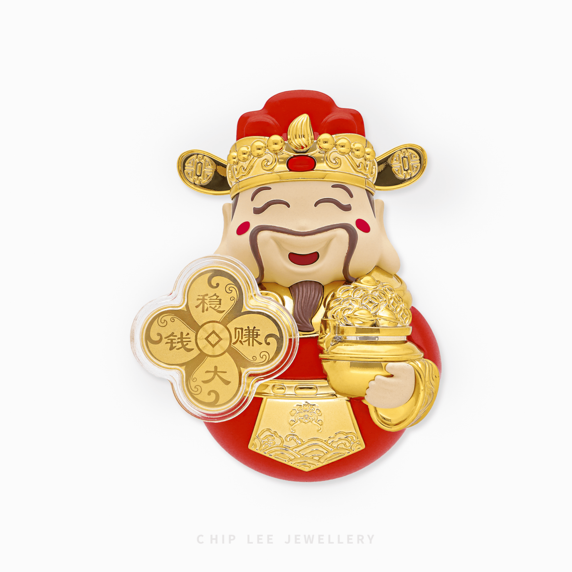 God of Fortune Figurine holding gold ingot and four-leaf spinning coin (稳赚大钱). 999 Pure Gold collectible for wealth and luck.
