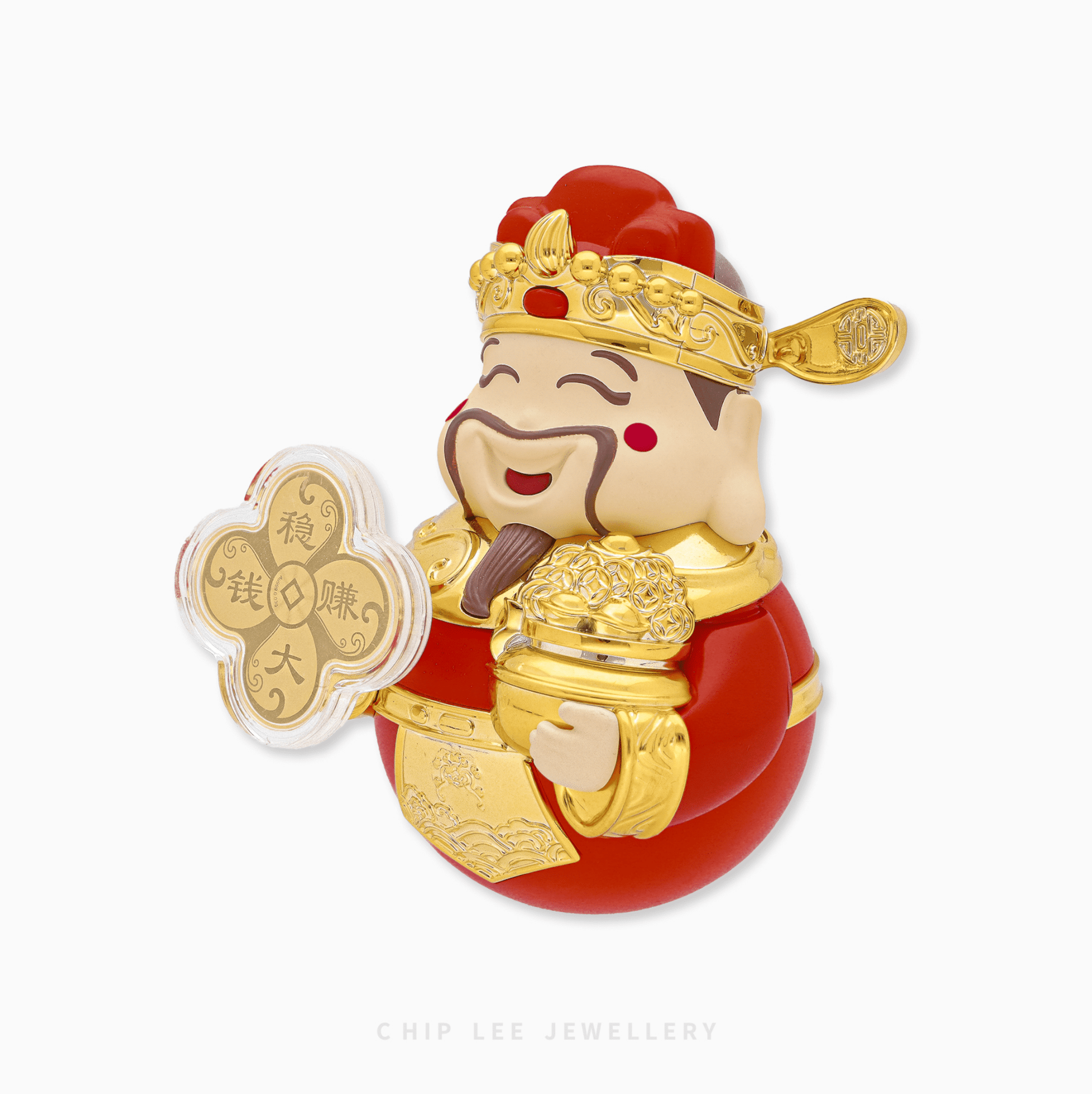 God of Fortune Figurine holding gold ingot and four-leaf spinning coin (稳赚大钱). 999 Pure Gold collectible for wealth and luck.
