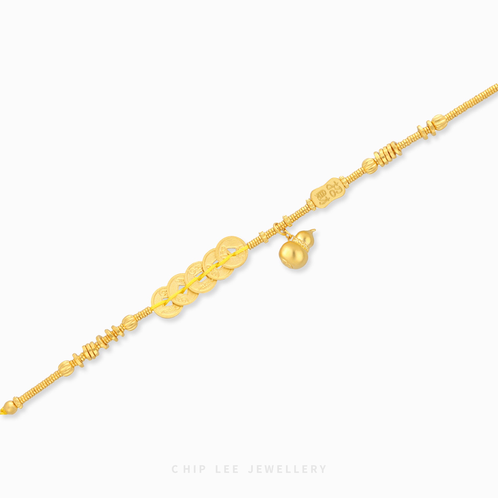 999 Gold Happiness and Prosperity Gu Fa Jin Bracelet with gourd charm and ancient coins symbolising wealth and abundance.