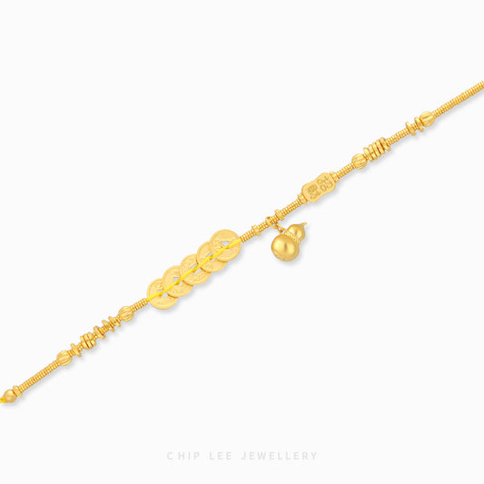 999 Gold Happiness and Prosperity Gu Fa Jin Bracelet with gourd charm and ancient coins symbolising wealth and abundance.