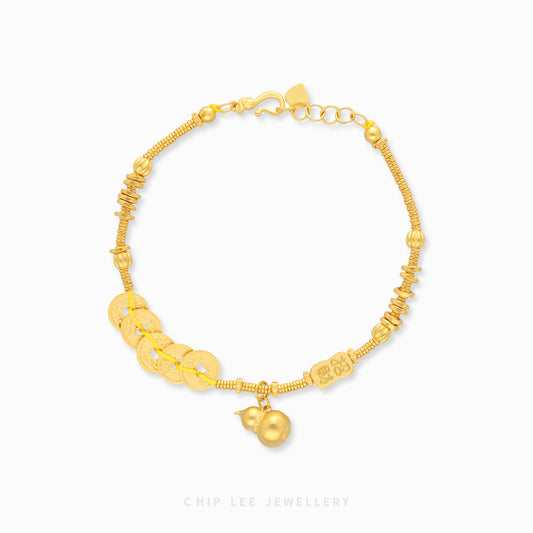 999 Gold Happiness and Prosperity Gu Fa Jin Bracelet with gourd charm and ancient coins symbolising wealth and abundance.