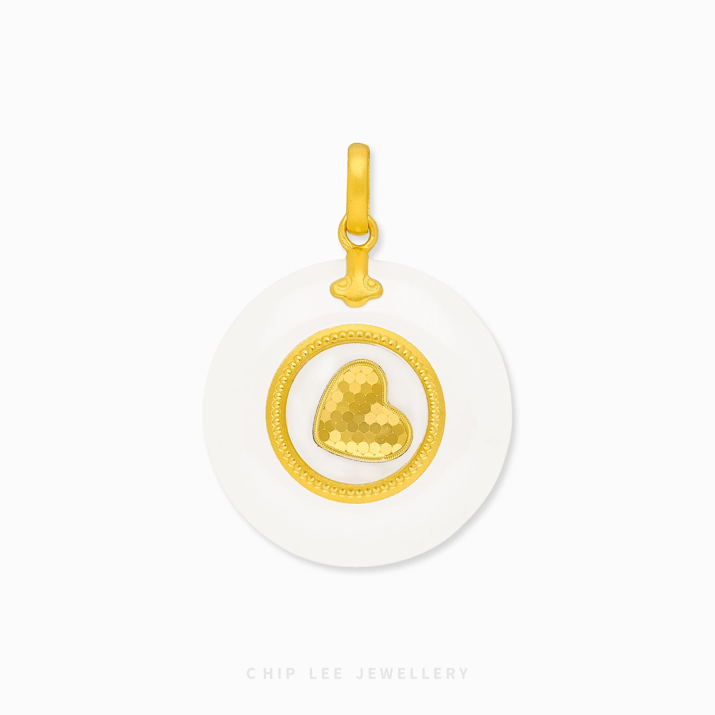 999 pure gold heart pendant with spinning He Tian jade, symbolizing love, harmony, and protection with elegant traditional craftsmanship.