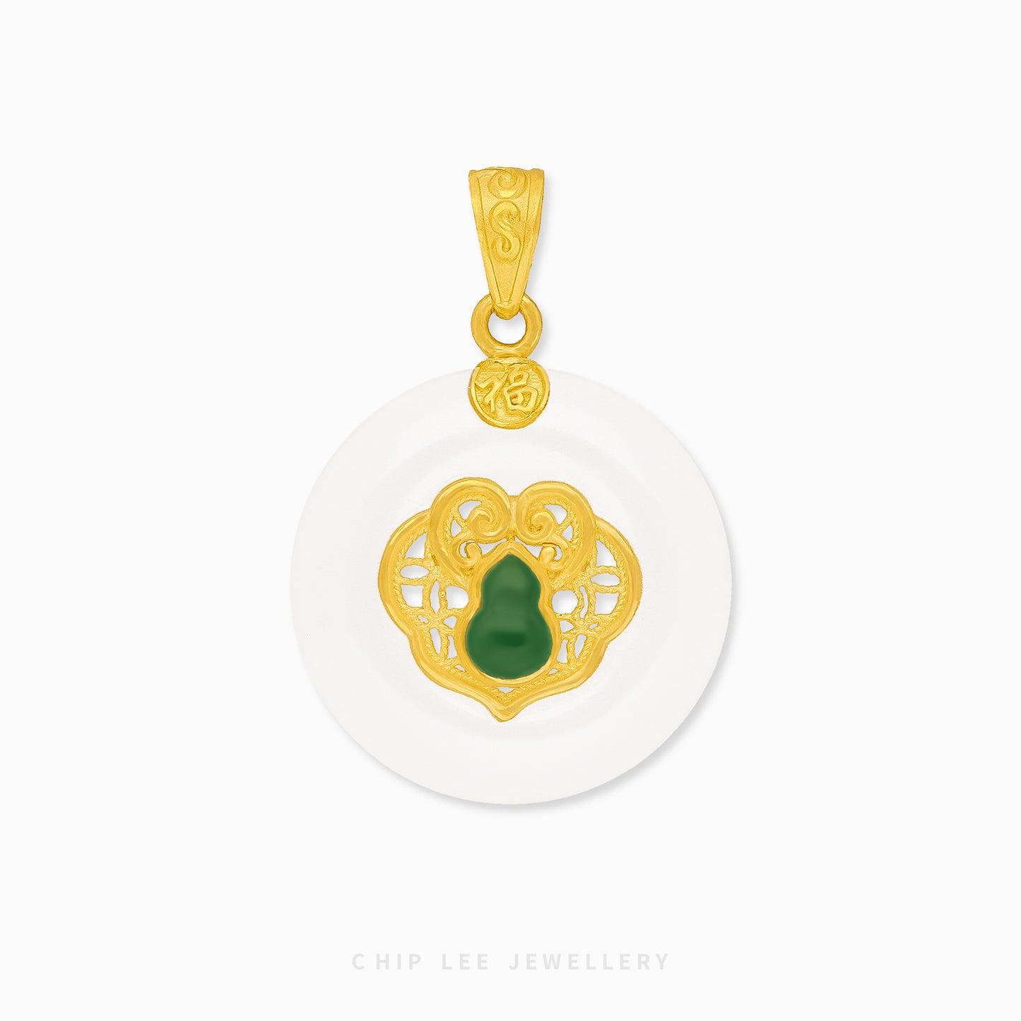 999 Pure Gold Hu Lu (葫芦) Gourd He Tian Jade Pendant symbolising fortune and protection, certified by the Singapore Assay Office.