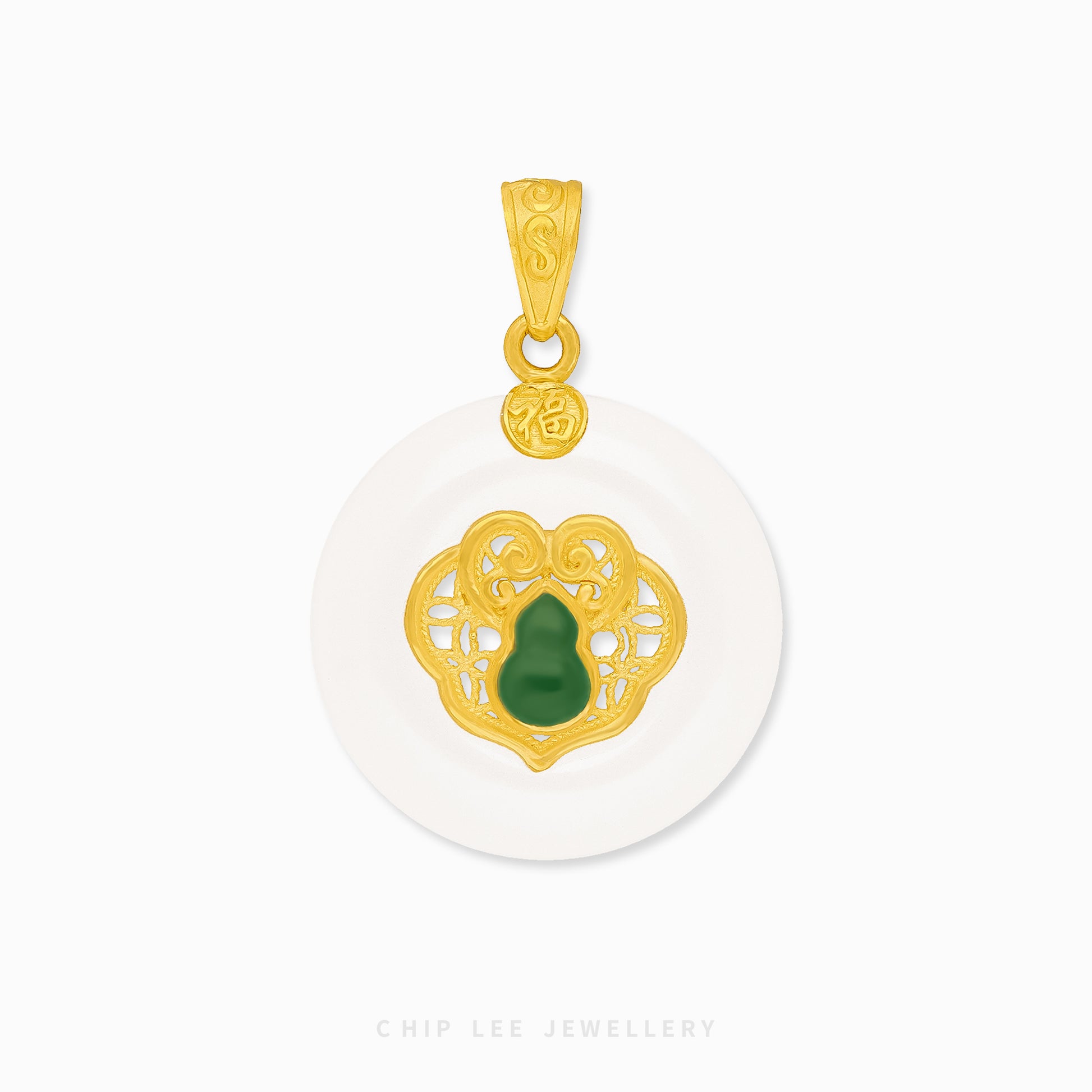 999 Pure Gold Hu Lu (葫芦) Gourd He Tian Jade Pendant symbolising fortune and protection, certified by the Singapore Assay Office.