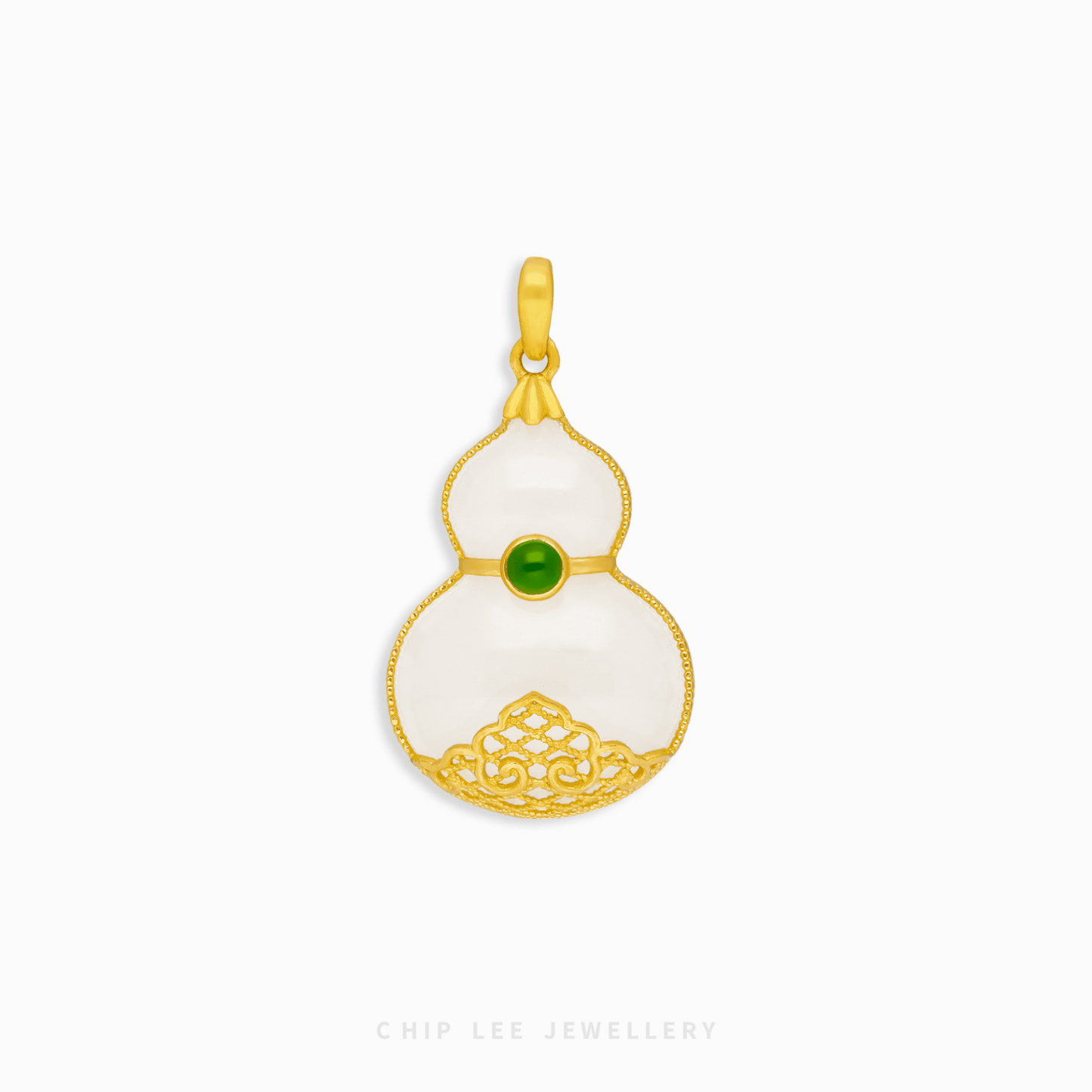 Gold pendant with a white central design and green gemstone on a white background, branded 'Chip Lee Jewellery'.