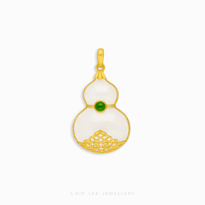 Gold pendant with a white central design and green gemstone on a white background, branded 'Chip Lee Jewellery'.