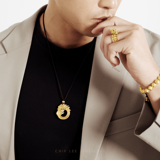 999 Pure Gold Imperial Dragon Wealth Gu Fa Jin Necklace with textured dragon motif, symbolising power and wealth