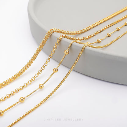 999 Pure Gold  Link Chain Necklace with interlocking box-shaped links in 24K solid gold by Chip Lee Jewellery Singapore