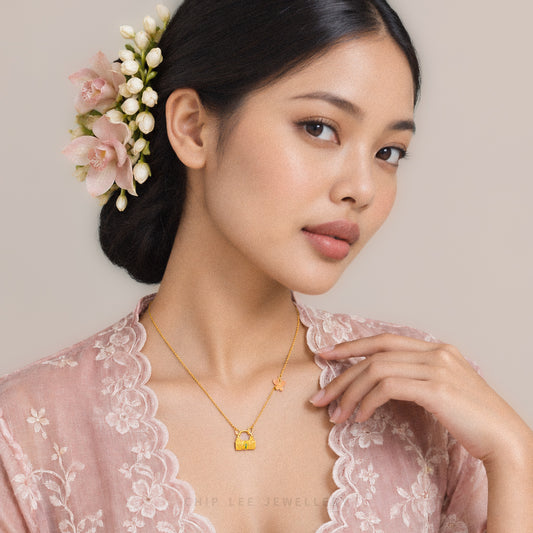 999 Pure Gold Lock and Butterfly Necklace