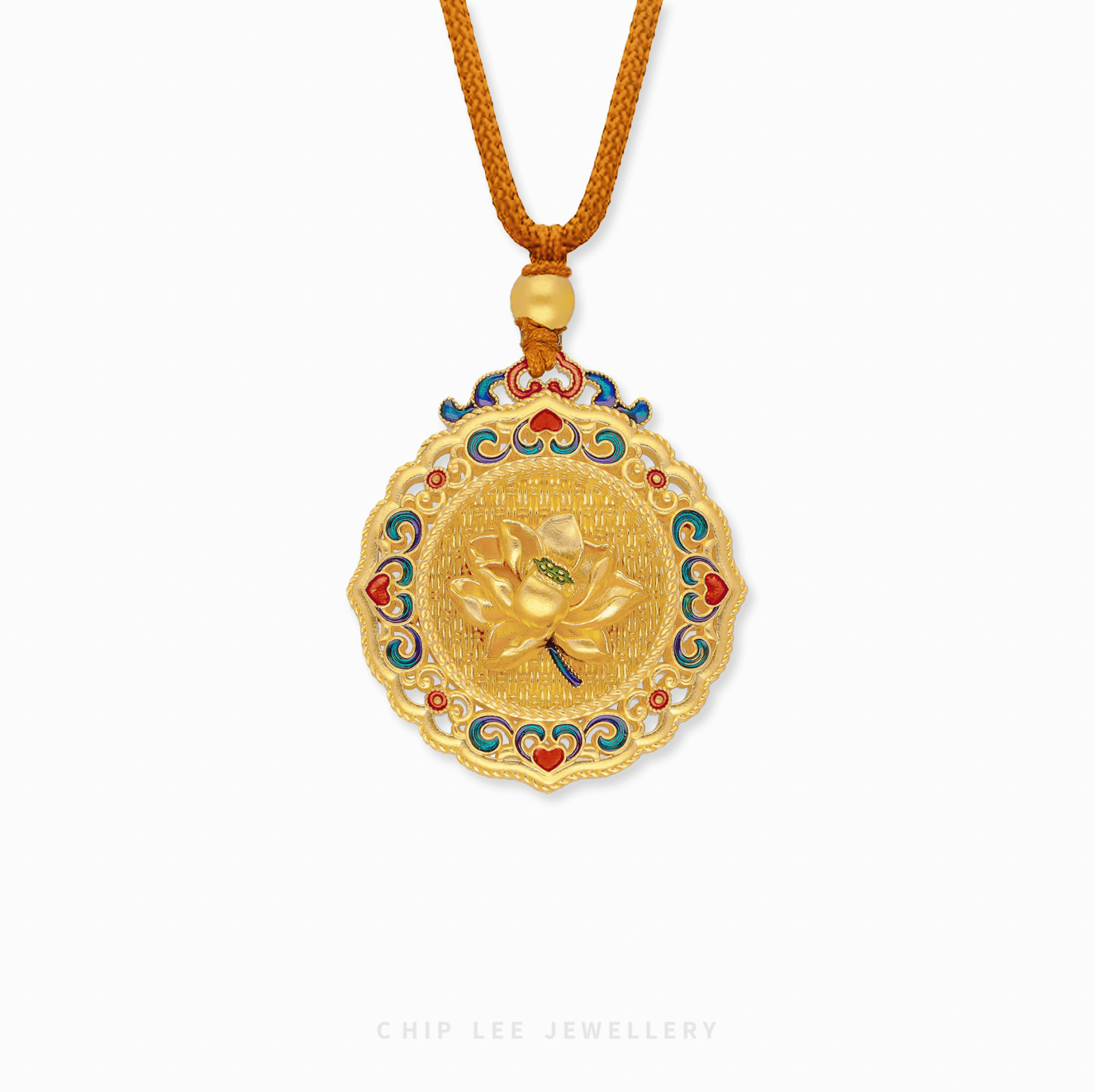 999 Pure Gold Lotus Bloom Necklace in a matte Gu Fa Jin finish featuring a handcrafted, detailed lotus flower pendant design.