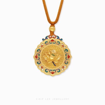 999 Pure Gold Lotus Bloom Necklace in a matte Gu Fa Jin finish featuring a handcrafted, detailed lotus flower pendant design.