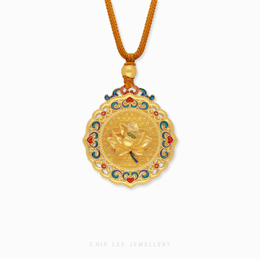 999 Pure Gold Lotus Bloom Necklace in a matte Gu Fa Jin finish featuring a handcrafted, detailed lotus flower pendant design.