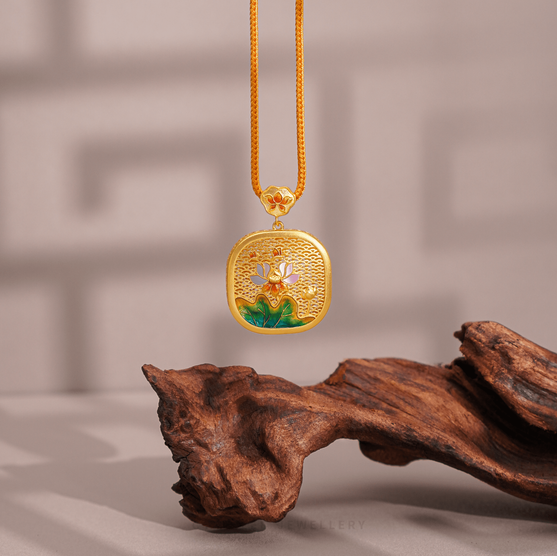 999 Pure Gold Lotus Bloom Gu Fa Jin Necklace with lotus motif and intricate ancient Gu Fa Jin textures.