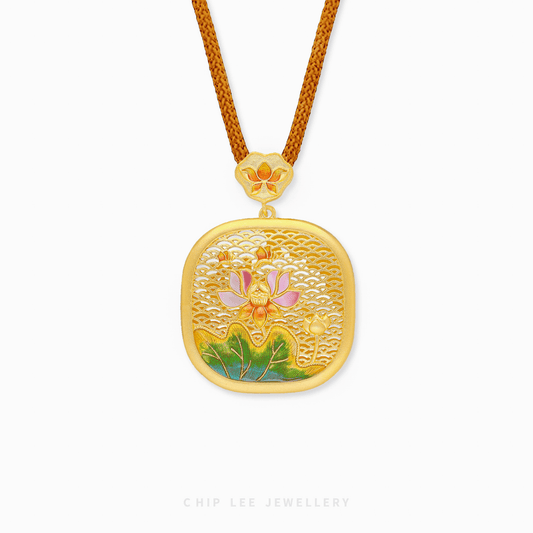 999 Pure Gold Lotus Bloom Gu Fa Jin Necklace with lotus motif and intricate ancient Gu Fa Jin textures.