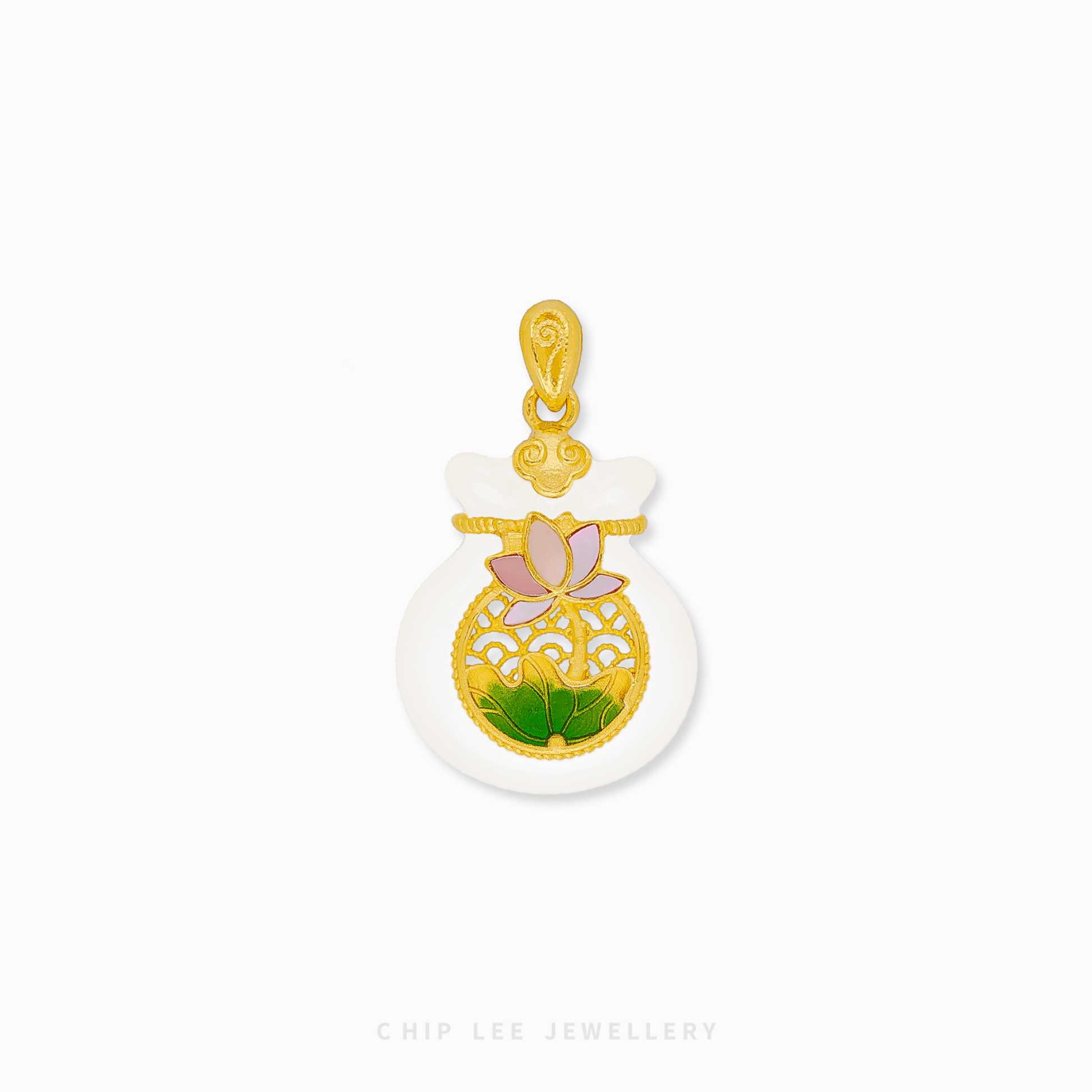 999 Pure Gold Money Bag Pendant with a lotus motif and smooth He Tian Jade inlay, featuring a matte Gu Fa Jin gold finish.