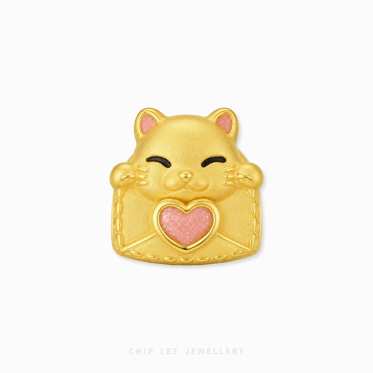 A gold cat-shaped charm with a pink glitter heart on its chest, featuring black line details for closed eyes and a smiling mouth, set against a plain white background.