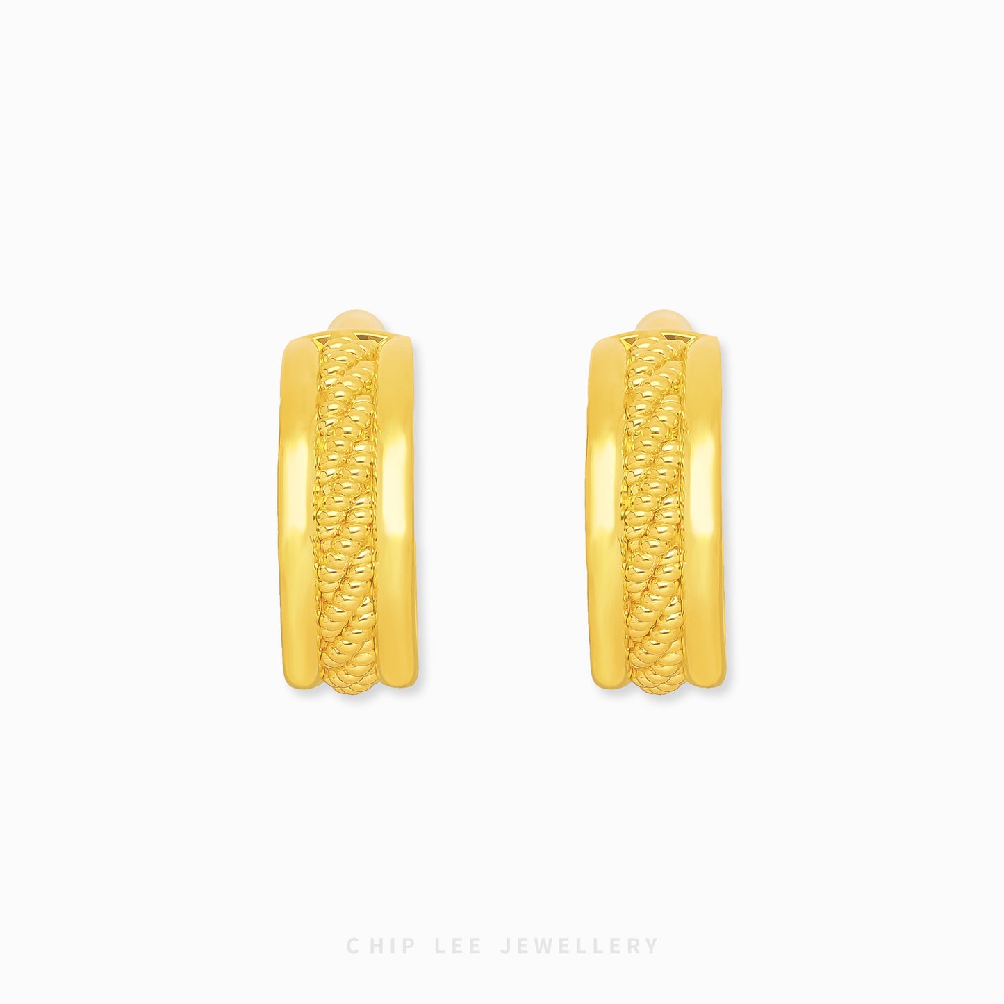 999 Pure Gold Mixed Beaded Chunky Hoop Earrings with mixed bead textures and solid 24K gold by Chip Lee Jewellery Singapore 