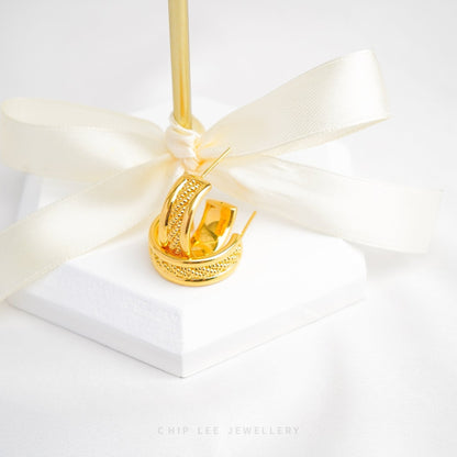 999 Pure Gold Mixed Beaded Chunky Hoop Earrings with mixed bead textures and solid 24K gold by Chip Lee Jewellery Singapore 