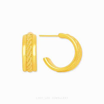 999 Pure Gold Mixed Beaded Chunky Hoop Earrings with mixed bead textures and solid 24K gold by Chip Lee Jewellery Singapore 