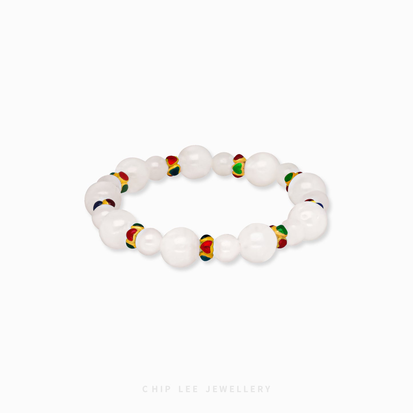 Close-up of 999 Pure Gold Mixed Enamel with White Agate Bracelet featuring gold links, enamel accents, and white agate beads on display.
