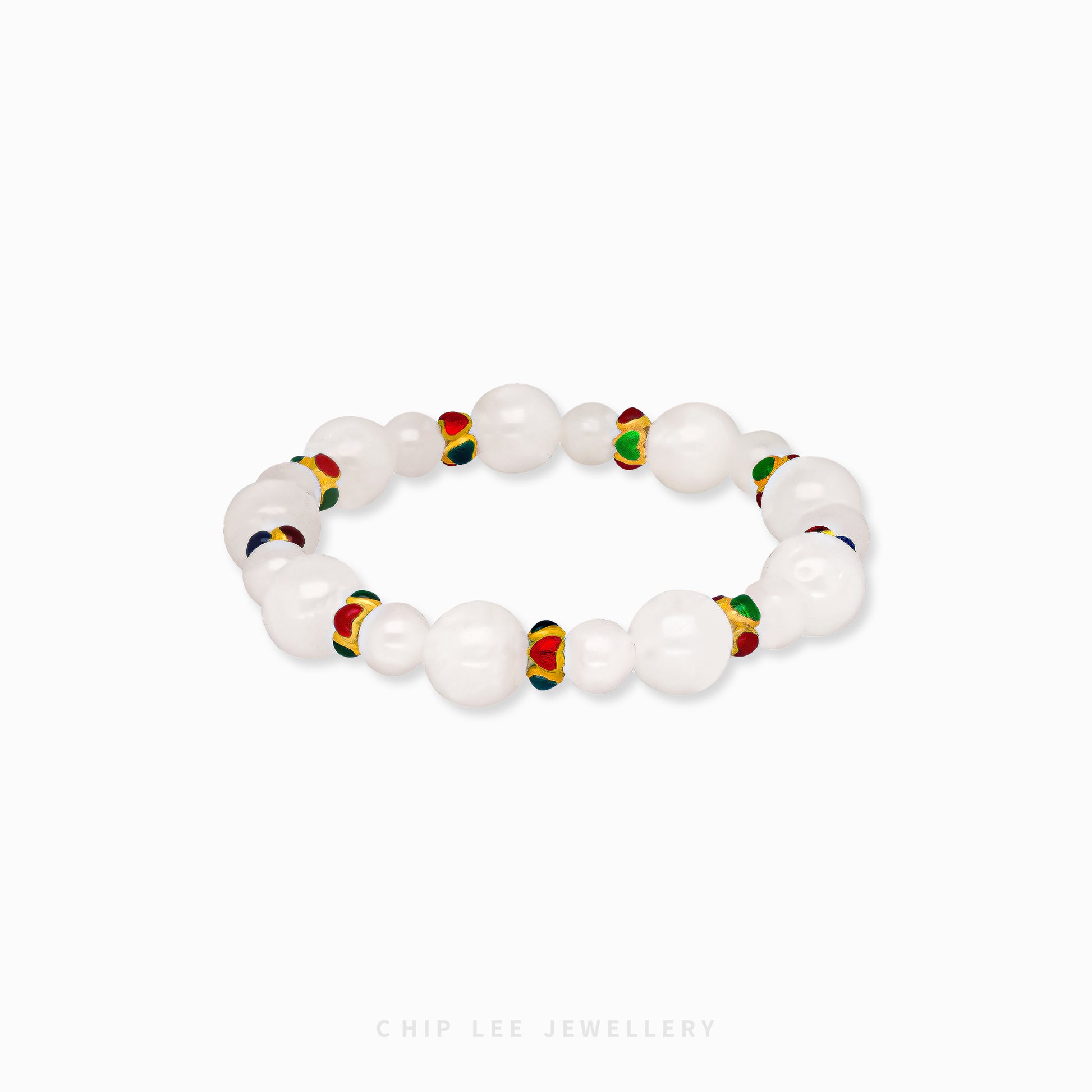 Close-up of 999 Pure Gold Mixed Enamel with White Agate Bracelet featuring gold links, enamel accents, and white agate beads on display.