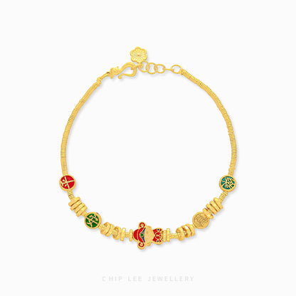 999 Pure Gold Peace and Joy Charm Gu Fa Jin Bracelet, featuring symbolic blessings, crafted with ancient techniques.